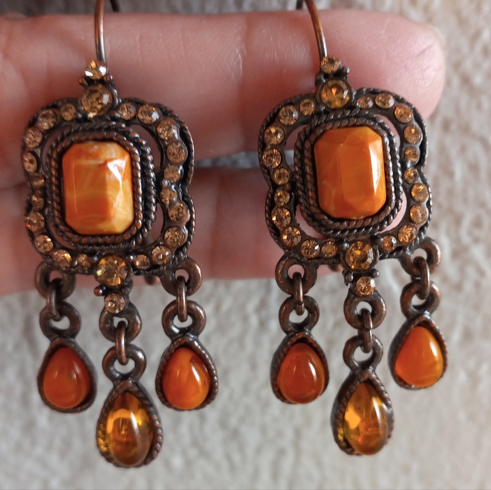 Vintage Orange Stone Brown Cubic Zirconia Dangle Earrings with Clasp Backing